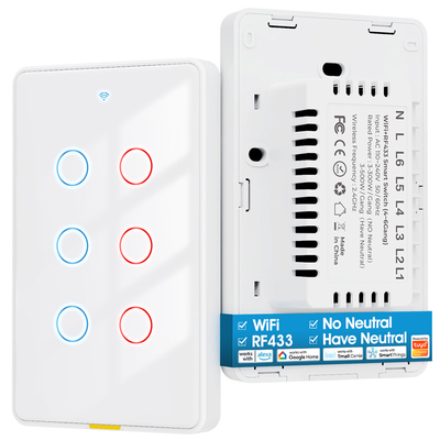 Buy Tuya WiFi Switch Timing 6 Gang Voice App Alexa Google Home No Neutral Wire WiFi RF433 US Light Switch Smart Home online manufacture